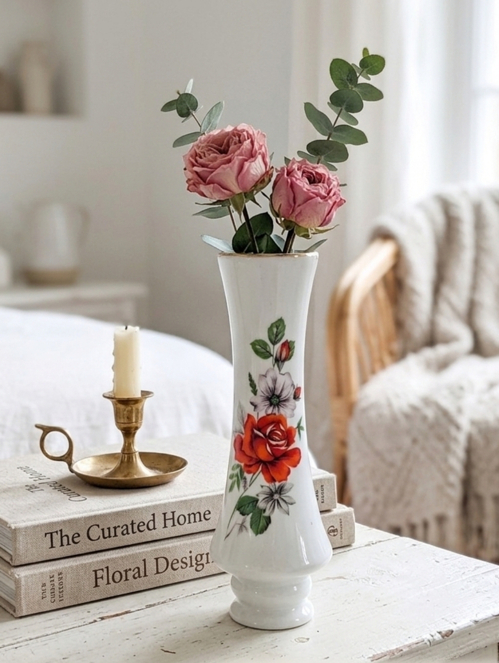Vintage Floral Porcelain Bud Vase 7" White with Red & Pink Flowers